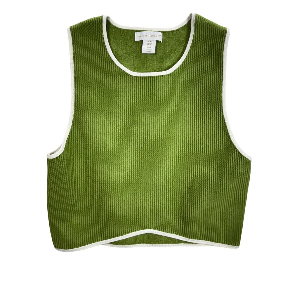 House of Harlow Ribbed Sweater Vest Crop Top Retro Green Size M White Trim